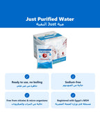 Just Purified Water key benefits: ready to use without boiling, sodium-free, free from nitrates and micro-organisms, MOH registered