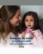 Mother and daughter with a baby bottle made with Just Purified Water, no boiling needed